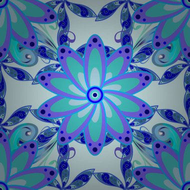 Mavi, tarafsız ve mor renkler çiçekler. El çiçek çizimi ile soyut seamless modeli. Vektör çizim.