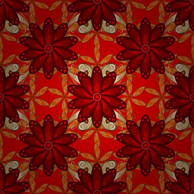 Boho soyut seamless modeli. Renkli renkli çini mandala kırmızı, kahverengi ve turuncu renkler. Karışık çiçek tasarım öğesi kroki, kumaş, mobilya için. Olağandışı vektör süsleme dekorasyon.