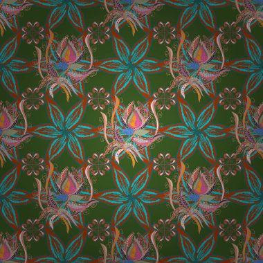 Tekstil, kumaş, kapakları, sketchs, baskı, şal, scrapbooking, kapitone için çiçek tatlı sorunsuz background. Oldukça vintage feedsack desende küçük yeşil, mavi ve turuncu, çiçekler. Millefleurs.