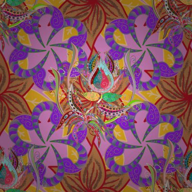 Vektör çizim. Çiçek Dikişsiz desen arka plan, konturlar ve su sıçramalarına, yaz çiçek ile. Pembe, mor ve turuncu renkler çiçekler.