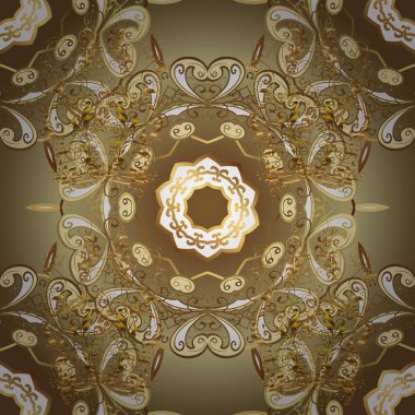 Noel, kar tanesi, yeni yıl 2019. Kahverengi ve bej renkler altın elemanları ile Dikişsiz vintage desen.