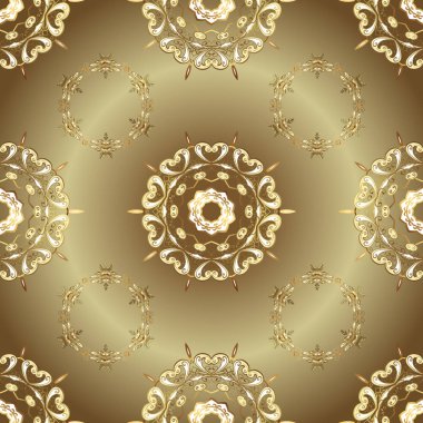Kusursuz kraliyet lüksü, altın barok kumaş rengi. Altın antika ortaçağ dekoratifi, yaprakları ve bej ve kahverengi üzerine altın desenli süslemeleri olan vektörsüz desenler..