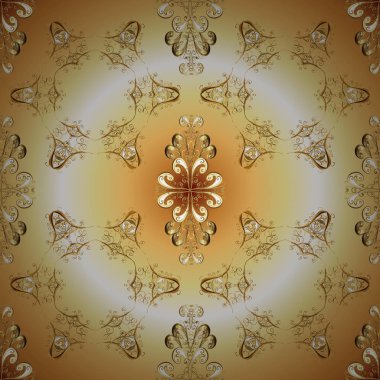 Altın elementlerle bej ve sarı renklerde kusursuz klasik desen. Bej ve sarı renklerde altın rengi ve altın elementleri var. Noel, kar tanesi, yeni yıl.