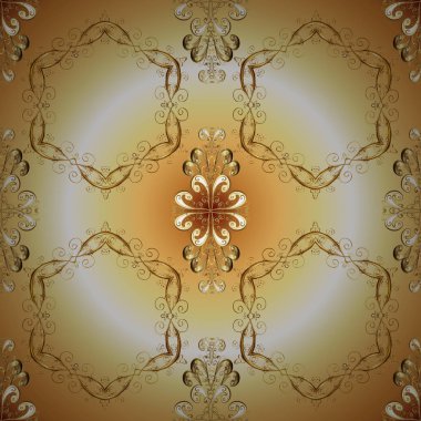 Doğulu stil, altın elementlerle bej ve sarı renklerde altın desenli arabesk yapar. Vektör altın desen. Kusursuz kıvırcık saçlar..