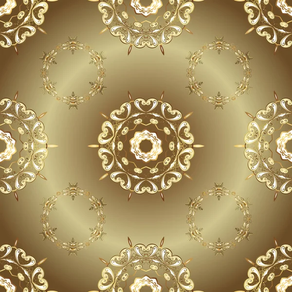 Kusursuz kraliyet lüksü, altın barok kumaş rengi. Altın antika ortaçağ dekoratifi, yaprakları ve bej ve kahverengi üzerine altın desenli süslemeleri olan vektörsüz desenler..