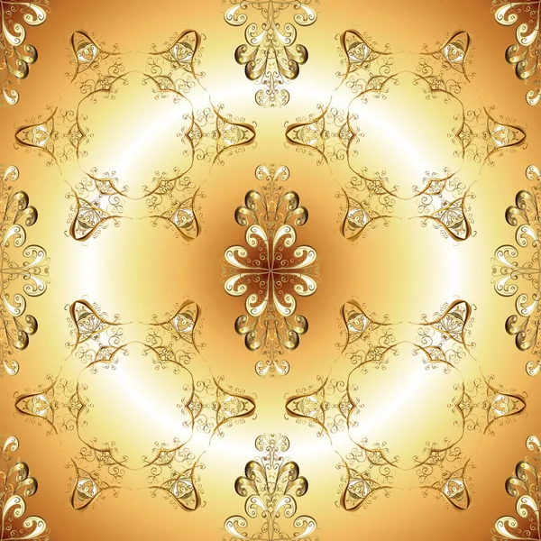 ベージュと黄色の色の上の古典的なオリエンタル パターン 伝統的なベクトルと黄金パターン ダマスク織のシームレスな飾り — ストックベクタ
