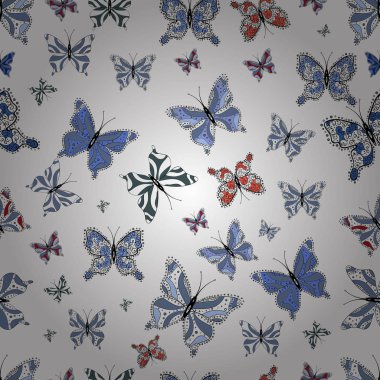 Renkli şirin kelebek. Yüzey dokuları, sketchs, web sayfası arka planlar, Tekstil için mükemmel. Siyah, beyaz ve mavi renkleri resimlerde. Vektör çizim. Dikişsiz desen arka plan.