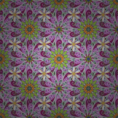 Mor, gri ve yeşil çiçekler vektör Illustration. Çiçekler rengarenk arka plan üzerinde ile Seamless Modeli.
