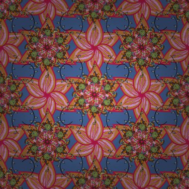 Vektör çizim. Vintage çiçek tasarım öğeleri. Turuncu, mavi ve pembe renk turuncu, mavi ve pembe kıvırcık çiçek şekilleri.