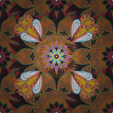 Kahverengi, gri ve mavi renk çiçekler. Vektör düz çiçek seamless modeli. Kağıt, tebrik kartları, posterler ve banner tasarımı ambalaj tasarım hediye.