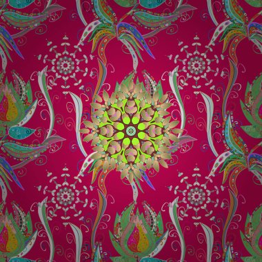 Sorunsuz çiçek desenli vektör çizim içinde. Bahar Tema Dikişsiz desen arka plan rengi. Düz çiçek öğeleri tasarım. Çiçekleri kırmızı, yeşil ve nötr renkler.