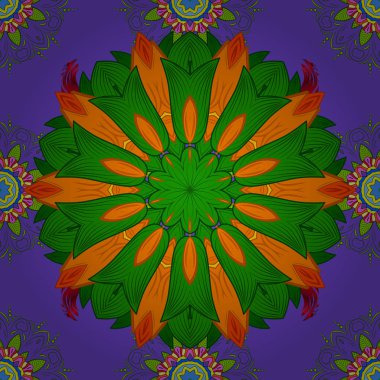 Bahar Tema Dikişsiz desen arka plan rengi. Yeşil, mor ve turuncu renk çiçekler. Düz çiçek öğeleri tasarım. Sevimli çiçek vektör desen.