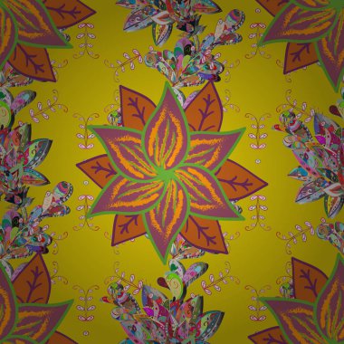 Vektör çizim. Kroki tarzı sarı, pembe ve turuncu renklerde. El topluluğu çiçek ve bitki çizilmiş. Şirin karalamalar çiçekler ile sorunsuz çiçek desenli. Vektör çizim.