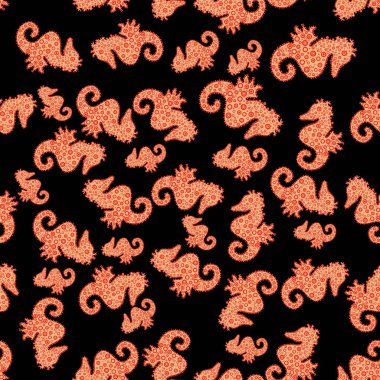 Küçük resim. Suluboya. Resimde. Kumaş, kağıt, ambalaj için uygundur. Resim. Vektör çizim. Siyah, kırmızı ve bej renkli arka plan üzerinde izole deniz atı. Elle çizilmiş. Basit tarzda.