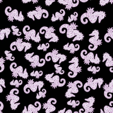 Denizatı Dikişsiz desen arka plan. Hippocampus vektör karikatür Icon set sualtı balık ve tarafsız, mor ve siyah arka plan üzerinde izole siluet. Vektör.