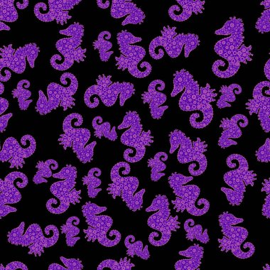 Dekor tasarım giyim için sorunsuz arka plan üzerinde. Vektör çizim. Deniz atı. Resimler siyah, mor ve pembe renklerde. Vintage tarzı.