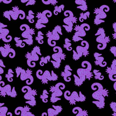 Vektör çizim. Yüzey dokuları, sketchs, web sayfası arka planlar, Tekstil için mükemmel. Mor, siyah ve mor zemin üzerine deniz atı. Sorunsuz. Tigertail deniz atı kesme.