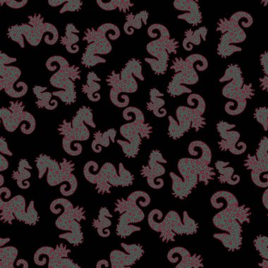 Vektör. Davet, Yazdır. Resimde çizilmiş. Sualtı hayvanlarla sorunsuz: deniz atı. Yinelenen doku çizgi film karakterleri ile. Resimde siyah, yeşil ve kırmızı renkler.