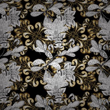 Siyah, beyaz ve gri renkler altın elemanları ile. Vektör altın çiçek süsleme brokar Tekstil desen, beyaz doodles. Seamless altın modeli. Çiçek desenli ile metal.