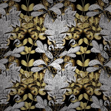 Damasko Dikişsiz desen tasarımı için. Vektör beyaz, siyah ve sarı renkler beyaz karalamalar ile altın öğeleri ile seamless modeli. Vektör çizim.