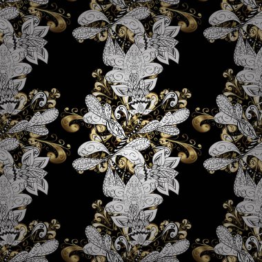 Vektör altın Tekstil baskı. Siyah, beyaz ve gri renkler altın elemanları ile altın izi. Dikişsiz desen şark süsleme. İslam tasarım. Çiçek fayans.