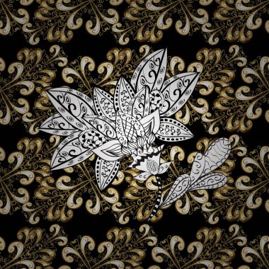 Siyah, beyaz ve bej renkleri altın elemanları ile altın izi. Seamless damasko klasik beyaz ve altın modeli. Yinelenen öğeleri ile vektör arka plan.