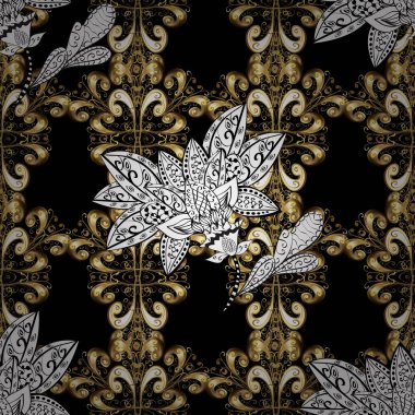 Geleneksel şark süsleme. Siyah, beyaz ve kahverengi renkleri altın elemanları ile Seamless modeli. Vektör çizim. Klasik vintage arka plan. Klasik vektör altın Dikişsiz desen.