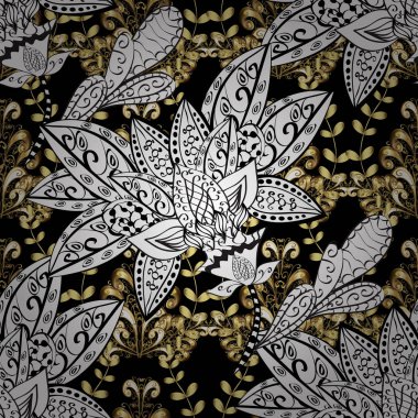 Sembol tatil, yeni yıl kutlama vektör altın desen altın elemanları ile. Beyaz, siyah renkler üzerinde altın kar tanesi. Noel altın kar tanesi seamless modeli. Kış kar doku kroki.