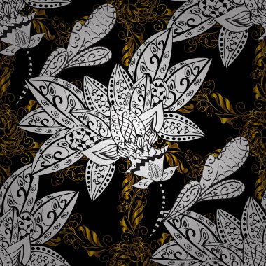 Klasik vektör altın Dikişsiz desen. Siyah, beyaz ve gri renkler altın öğeleri ve beyaz karalamalar ile Seamless modeli. Geleneksel şark süsleme. Klasik vintage arka plan.