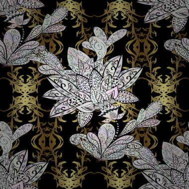 Vintage seamless modeli siyah, tarafsız ve gri renkler altın elemanları ile. Vektör çizim.