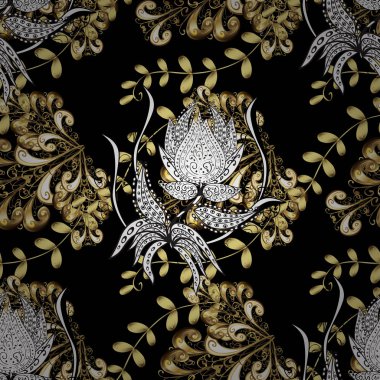 Seamless modeli altın öğeleri. Çiçek klasik doku. Altın şablonu. Vintage kartı, kroki, ambalaj, tekstil için tasarım. Kraliyet retro arka plan. Vektör çizim.