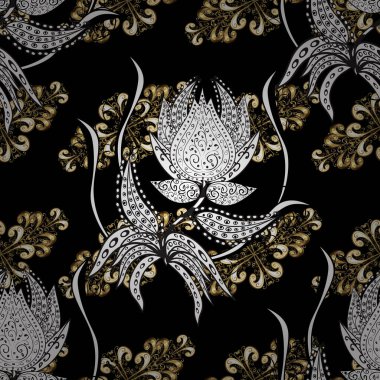 Dikişsiz desen şark süsleme. Vektör altın Tekstil baskı. Siyah, beyaz ve gri renkler altın elemanları ile altın izi. İslam tasarım. Çiçek fayans.