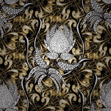 Kına dövme, altın çıkartmalar, tasarım, mehndi ve yoga ile süs çiçek öğeleri kartları ve yazdırır. Desen renkleri altın elemanları ile siyah, beyaz, bej. Vektör altın mehndi seamless modeli.