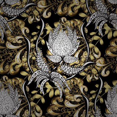 Siyah, beyaz ve gri renkler altın elemanları ile altın izi. Seamless damasko klasik beyaz ve altın modeli. Yinelenen öğeleri ile vektör arka plan.