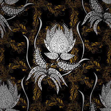 Seamless damasko klasik beyaz ve altın modeli. Vektör arka plan öğeleri tekrarlayan olan. Siyah, beyaz ve kahverengi renkleri altın elemanları ile altın desen.