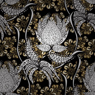 Siyah, beyaz ve gri renkler beyaz karalamalar ile altın öğeleri ile Dikişsiz vintage desen. Noel, kar tanesi, yeni yıl.