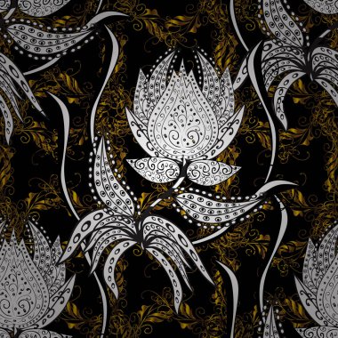 Vektör altın desen. Oryantal tarzı Arabesk. Sorunsuz altın dokulu bukleler. Vektör çizim. Siyah, beyaz ve gri renkler altın elemanları ile.