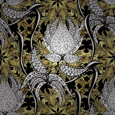 Siyah, beyaz, gri renkleri altın öğesi ile vektör altın izi. Sembol, Merry Noel tatili, mutlu yeni yıl 2018. Soyut kroki, dekorasyon sarma. Altın kar tanesi seamless modeli