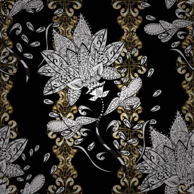 Altın anahat çiçek dekor. Doğu stil öğesi. Vektör çizim Davetiyeler, teşekkür ederim mesaj için. Vektör sanat sorunsuz kenarlık çizgisinin tasarım şablonu için. Siyah, beyaz, gri renkler altın öğesi.