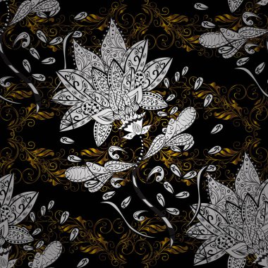 Kroki Barok, Şam. Siyah, beyaz ve kahverengi renkleri altın öğelerinde. Şık grafik desen. Sorunsuz vektör arka plan. Çiçek desenli.