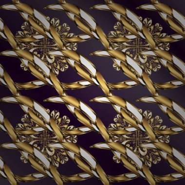 Klasik vektör altın seamless modeli. Çiçek süsleme brokar Tekstil desen, cam, metal altın öğeleri Lila ve mor zemin üzerine çiçek desenli.