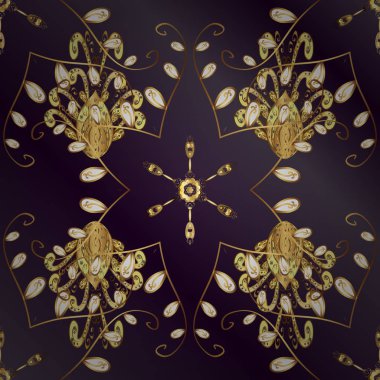 Vektör şark süsleme. Lila ve mor arka planda altın elemanları ile Seamless modeli. Dikişsiz altın desen.