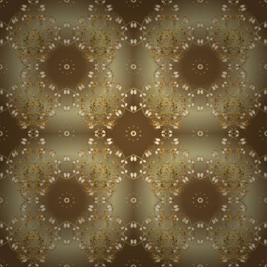 Vektör çizim. Seamless modeli altın öğeleri. Altın şablonu. Çiçek klasik doku. Vintage kartı, kroki, ambalaj, tekstil için tasarım. Kahverengi ve bej renkler üzerinde Kraliyet retro.