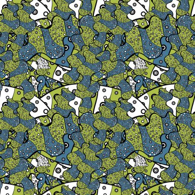 Dikişsiz güzel kumaş desen. Vektör. Doodles'ın yeşil, mavi ve siyah renkler.