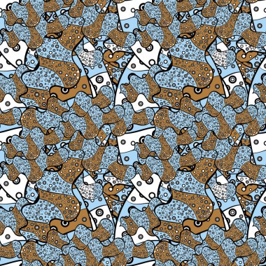 Seamless modeli güzel kumaş arka plan. Vektör doku. Bir siyah, mavi ve kahverengi renkleri üzerinde karalamalar. İllüstrasyon.