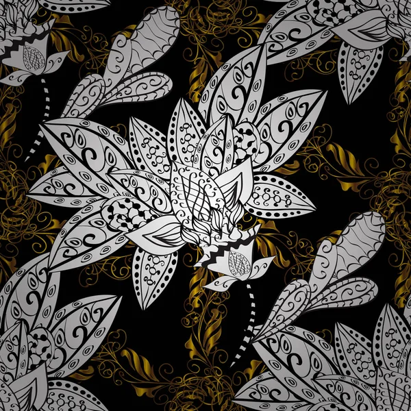 Klasik vektör altın Dikişsiz desen. Siyah, beyaz ve gri renkler altın öğeleri ve beyaz karalamalar ile Seamless modeli. Geleneksel şark süsleme. Klasik vintage arka plan.