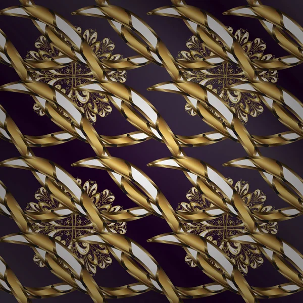 Klasik vektör altın seamless modeli. Çiçek süsleme brokar Tekstil desen, cam, metal altın öğeleri Lila ve mor zemin üzerine çiçek desenli.