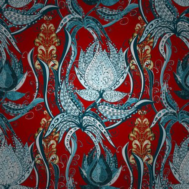 Mavi, kırmızı ve nötr renkler suluboya tarzında çiçekler. Vektör çizim sorunsuz çiçek desenli.