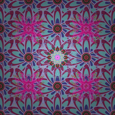 Vektör çizim. Mavi, mor ve mor renkler Asya tekstil tarzında. Sorunsuz çiçek deseni.