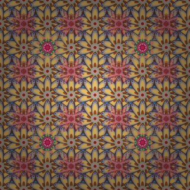 Düz çiçek öğeleri tasarım. Sorunsuz çiçek deseni. Asya tekstil tarzında. Bahar Tema Dikişsiz desen arka plan rengi. Vektör çizim. Kahverengi, sarı ve gri renklerde çiçekler.